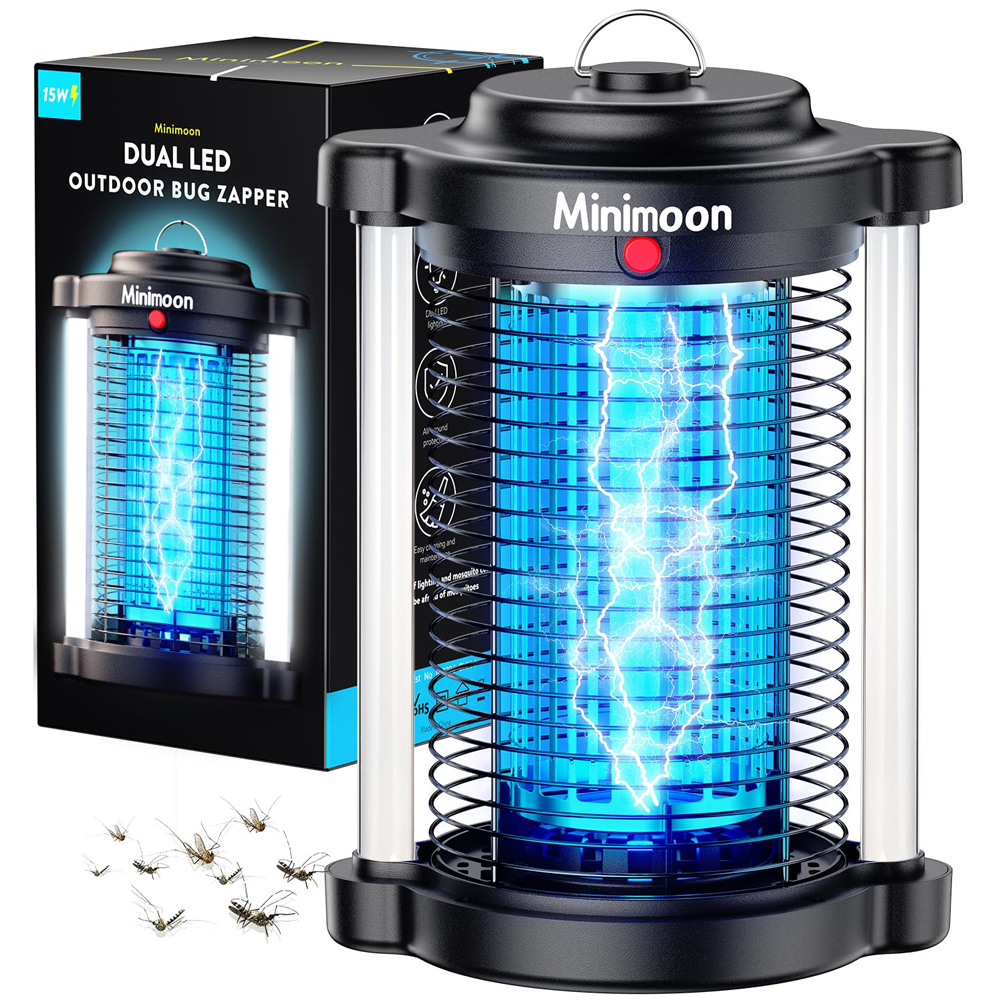 Minimoon バグザッパー 屋外蚊ザッパー デュアル LED ライト付き 4200V ハエザッパー 15W 電気ハエトラップ 屋外 IPX4 捕虫器