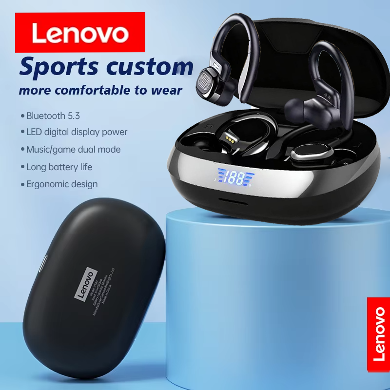Lenovo スポーツランニングワイヤレスイヤホン耳掛け Bluetooth ヘッドフォン長いバッテリー寿命デジタルディスプレイノイズリダクション