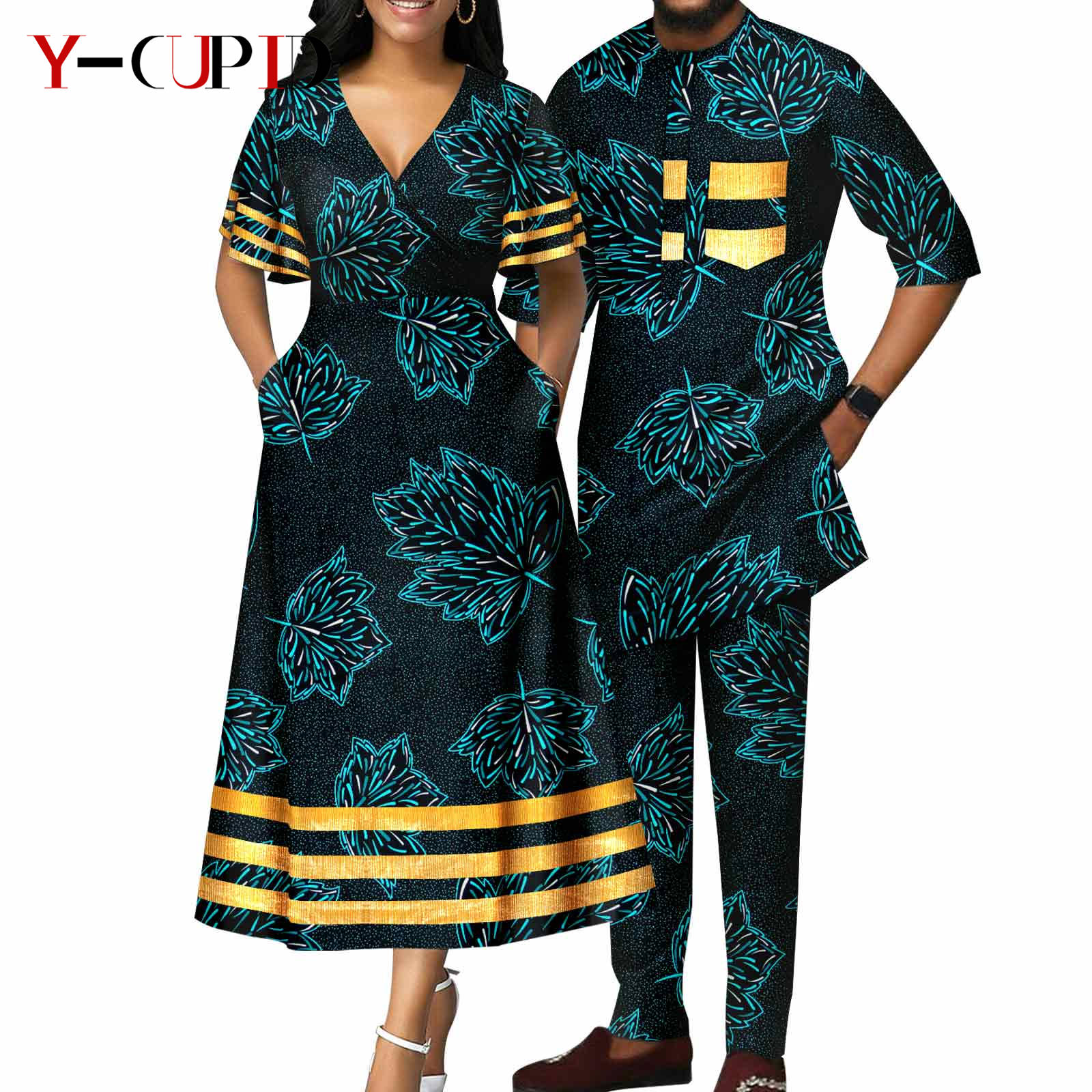 アフリカプリント V ネックドレス女性のカップルマッチング男性衣装トップとパンツセット Dashiki バザンリッシュ恋人生き抜く Y23C086