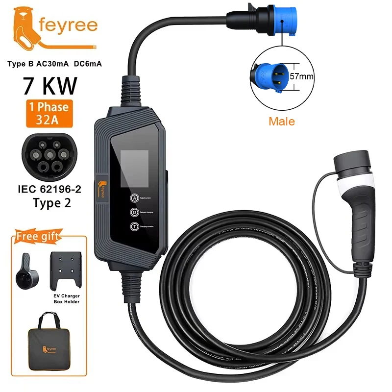 feyree Type2 ケーブル 32A 7kW スマートポータブル EV 充電器電気自動車用高速充電電流設定充電時間の調整付き