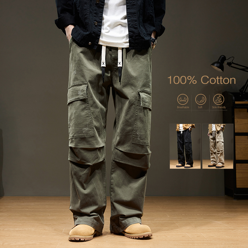 だぶだぶワイドレッグカーゴパンツメンズ綿 100% マルチポケットスプライシング屋外ルーズストレート秋のズボンファッションストリート