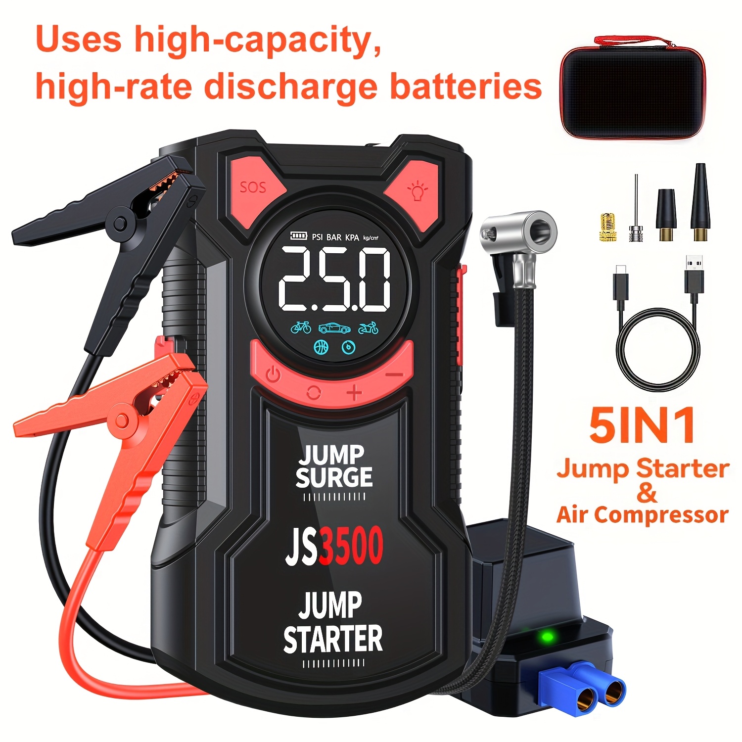 5-in-1 多機能車ジャンプスターター 5000A ピーク 150PSI エアコンプレッサー タイヤインフレーター ポータブル エアポンプ パワーバンク LED Lig 付き