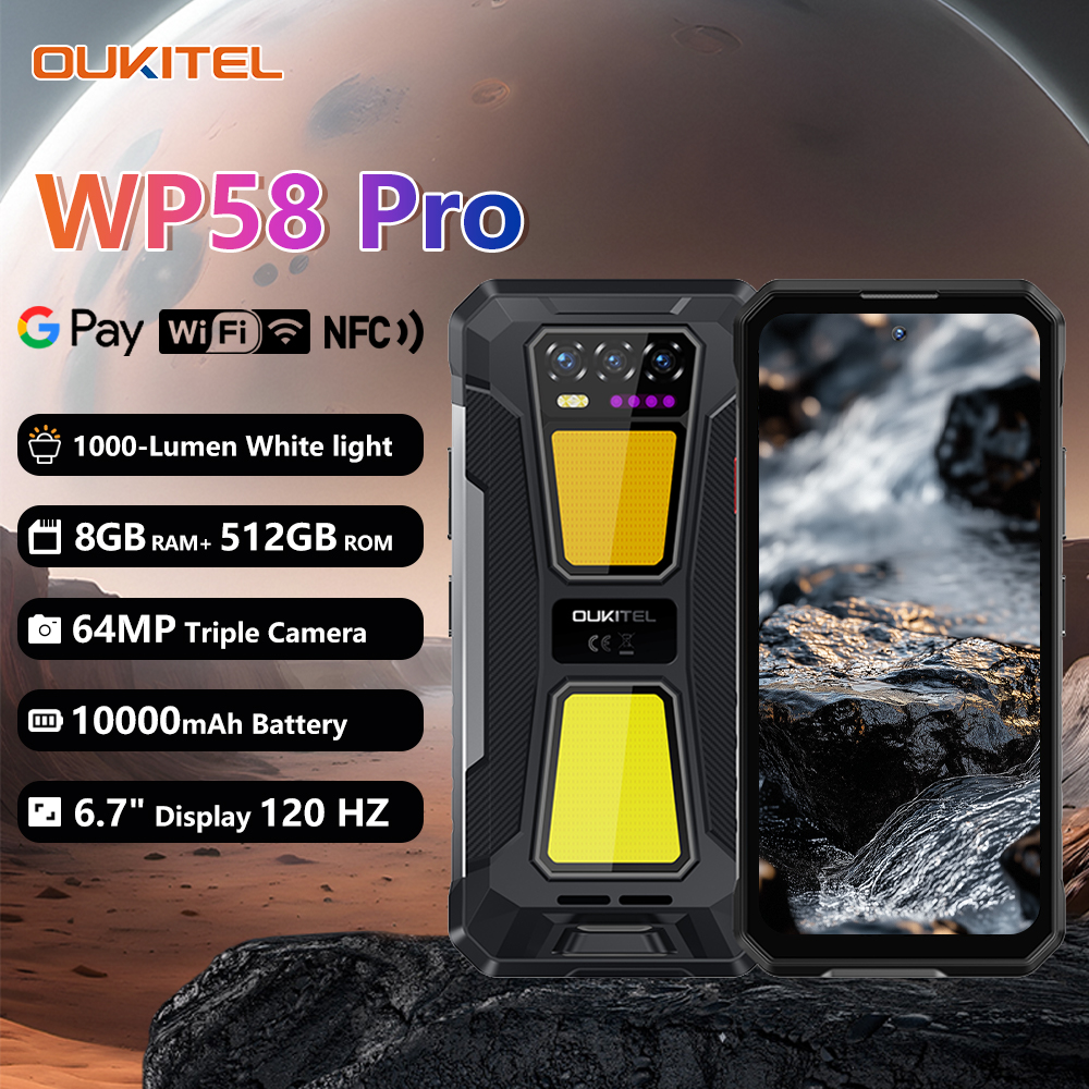 OUKITEL WP58 PRO 5G 頑丈なスマートフォン 6.7 インチ HD 10000mAh 24GB(8 16) RAM 512 ROM Android 15 NFC 64MP 携帯電話キャンプランプ付き
