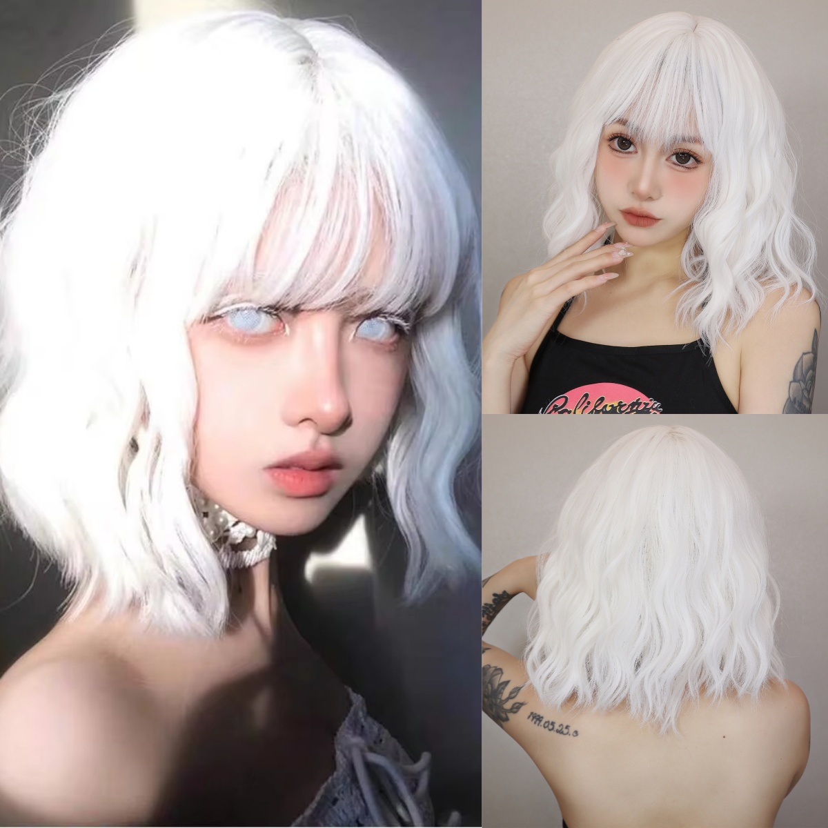 ショートカーリー波状白合成かつら白ロリータヘアウィッグ前髪付き女性のためのナチュラルコスプレパーティーハロウィン耐熱