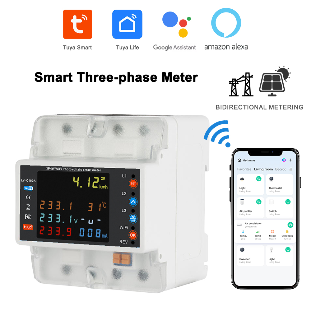 スマートライフエネルギーモニタリング100A Tuya WiFi 3相メーター、双方向自動再閉リレー付き
