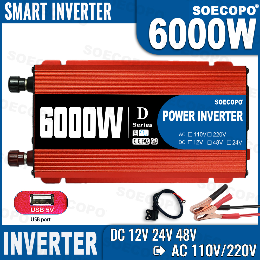 6000W ポータブル スマート インバーター 12V/24V/48V ～ 110V/220V AC、USB ポート付き