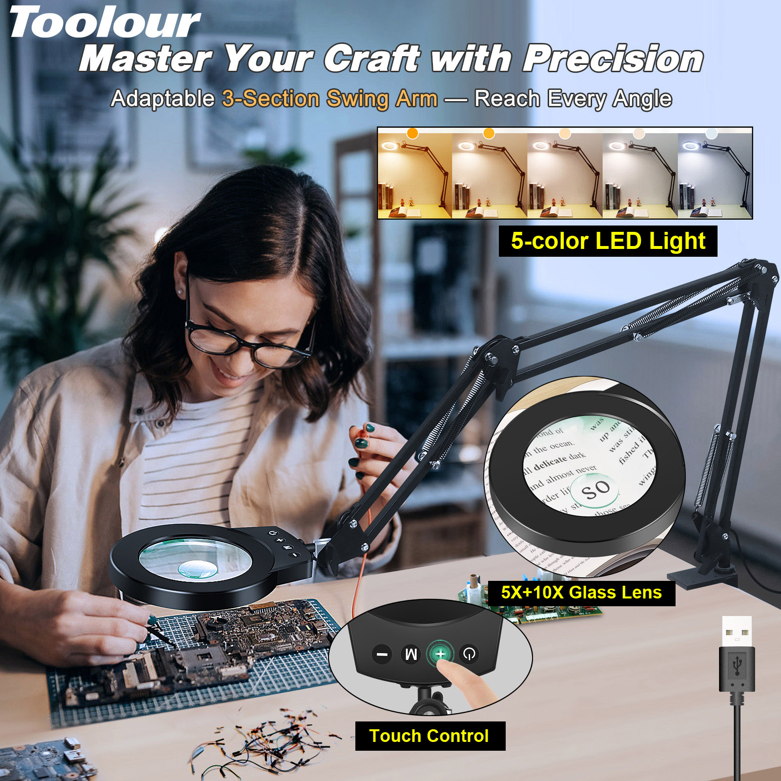 Toolour 5X 10X 虫眼鏡 5 カラーモード付き 無段階調光可能な光拡大鏡ランプ はんだ付け DIY や精密作業用