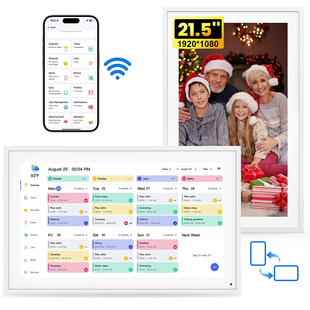 NEWYES 21.5インチ デジタルカレンダー 2026年 スマートファミリープランナー 家事表 1080P フルHD インタラクティブタッチスクリーン 壁掛け＆卓上設置可能