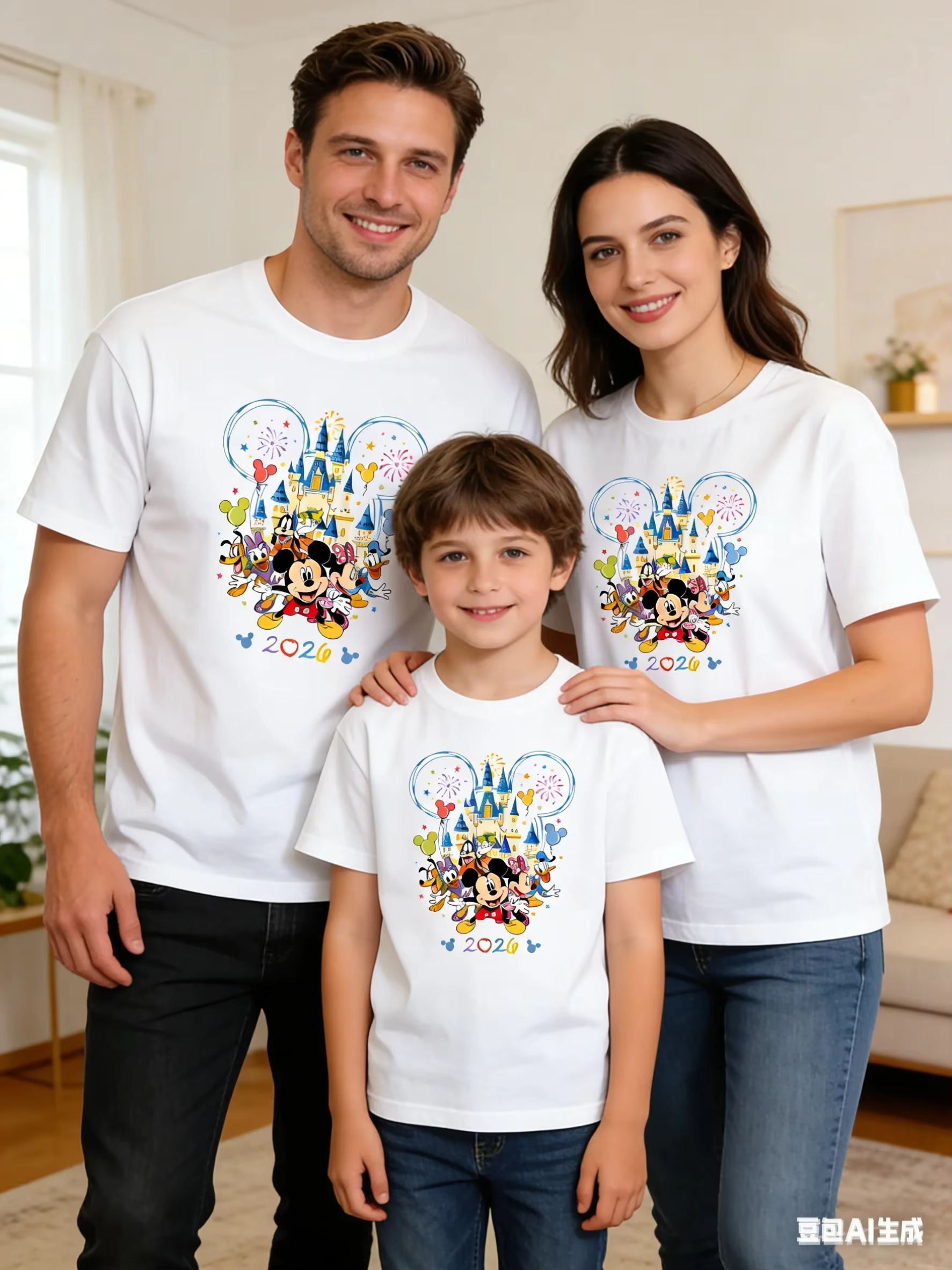 2026 家族マッチング Tシャツミッキー城花火グラフィック半袖シャツ男性女性家族子供父母 Tシャツ