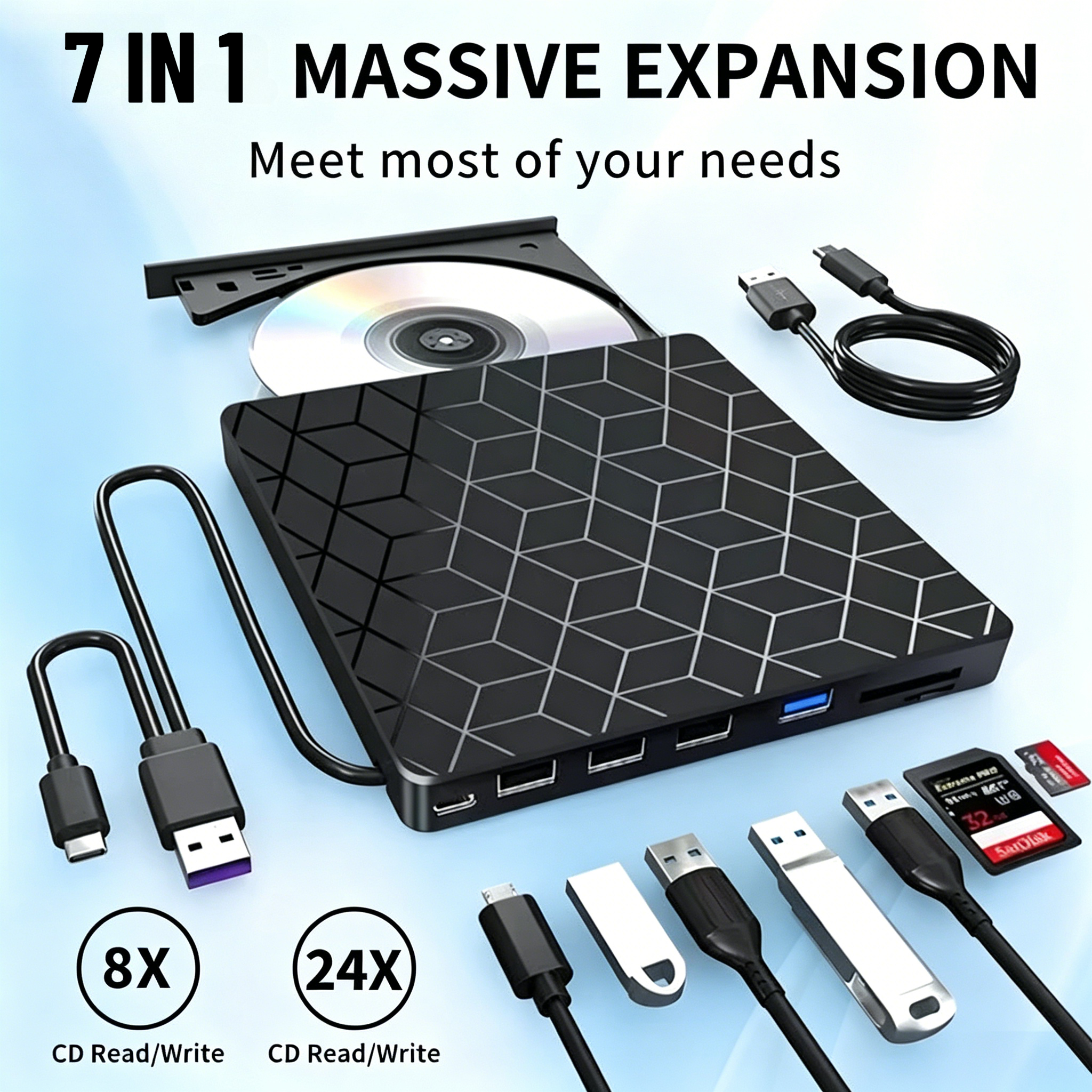 7 in 1 外付け CD DVD ドライブ ポータブル DVD プレーヤー USB 3.0