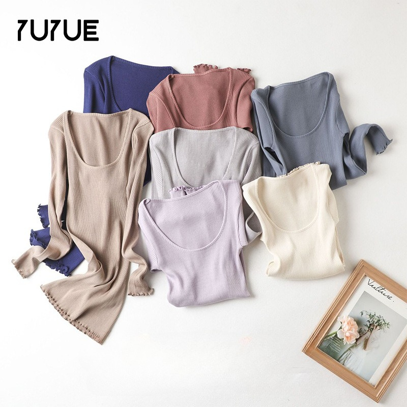 Yuyue 女性のサーマル下着トップ 80% 桑シルク 20% 綿糸入り長袖秋服クルーネックニットシャツ