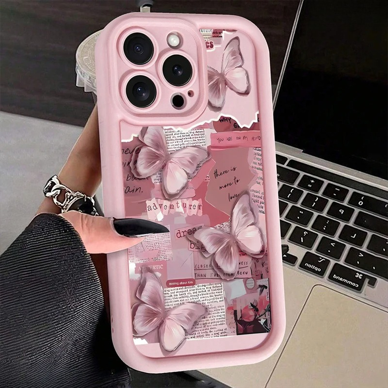 ピンクのかわいい蝶シリコーンソフト電話ケース iphone 17 16PRO 15 14 13 12 11PROMAX 耐衝撃キャンディカバー