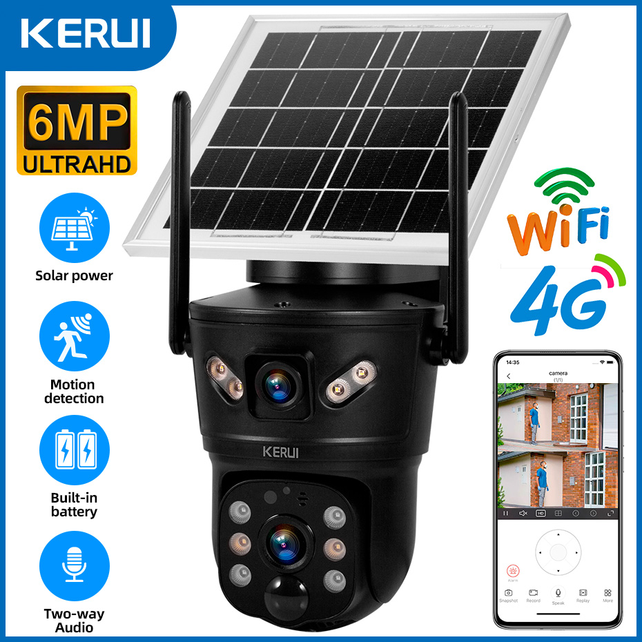 KERUI 屋外防水 6MP 4G SIM WIFI ソーラーカメラデュアルレンズカメラソーラーパネルホームセキュリティ CCTV ビデオ監視 V380pro