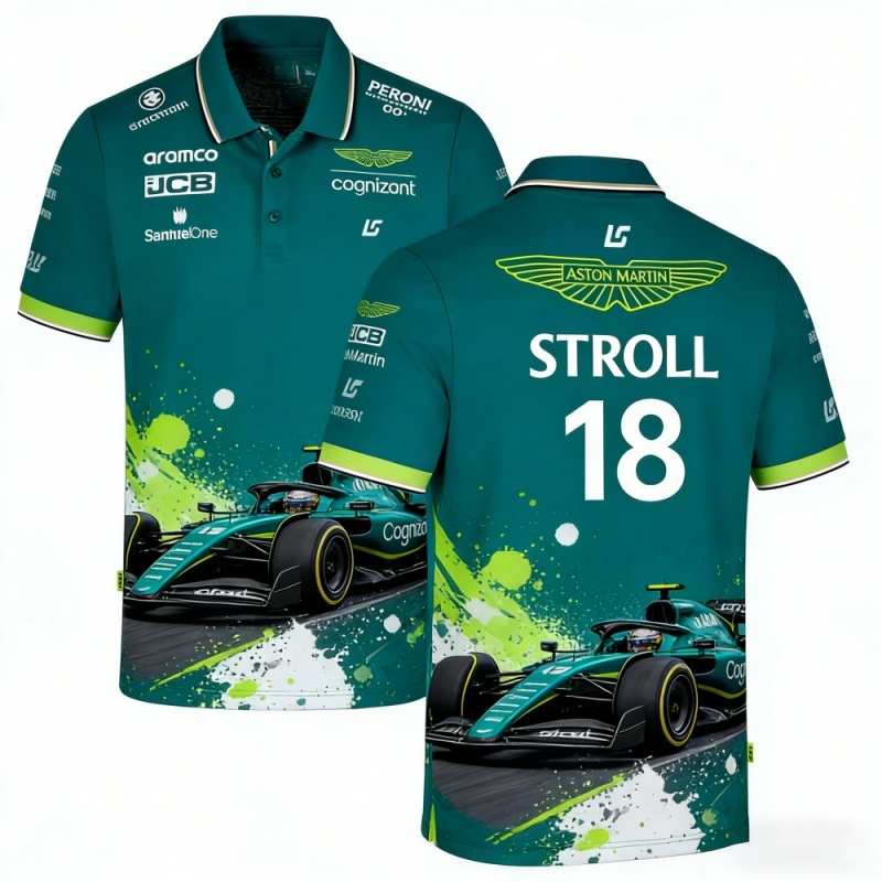 アストンマーティン チーム ストロール 18 F1 レーシング テーマ ポロシャツ モータースポーツ ファン カジュアル トップ プリント レーシング ジャージ