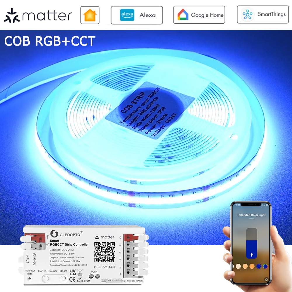 Matter WiFi 5 メートル 10 メートル 20 メートル COB RGB CCT LED ストリップライナーライト 24V 調光可能なパーティールーム装飾ランプフルキット f Alexa ホームキット Siri Google