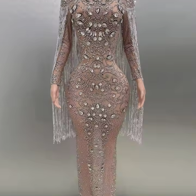 ハイエンドロングタッセルクリスタルイブニングドレスレディースボールウェディングフロアレングススパンコールドレス歌手ステージパフォーマンス服