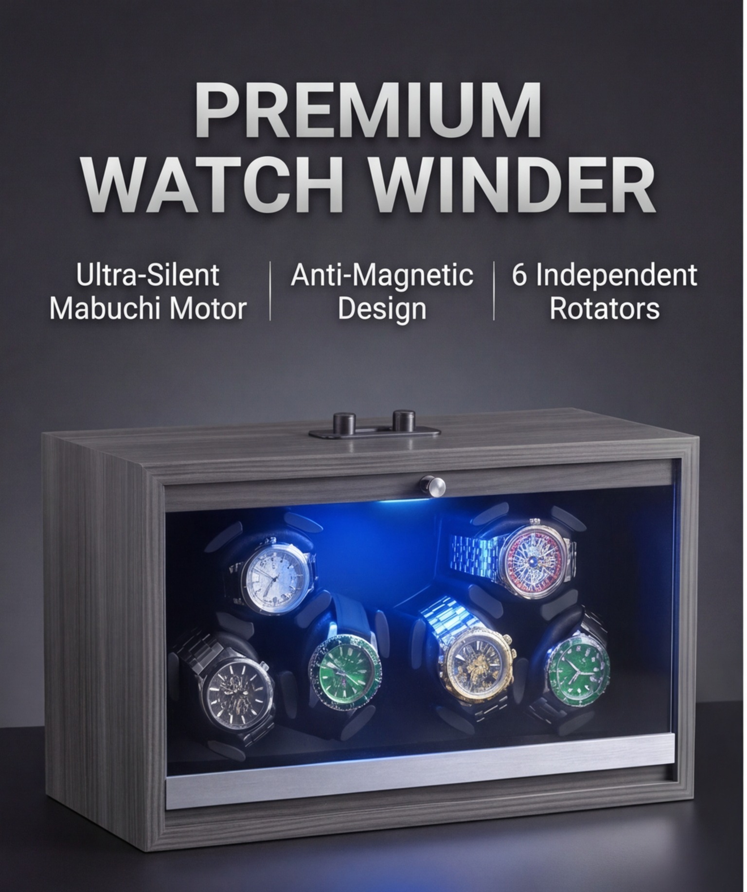 プレミアム 6 スロット ウォッチワインダー超静音マブチモーター耐磁性自動回転 LED ライトデュアルパワー時計ボックス