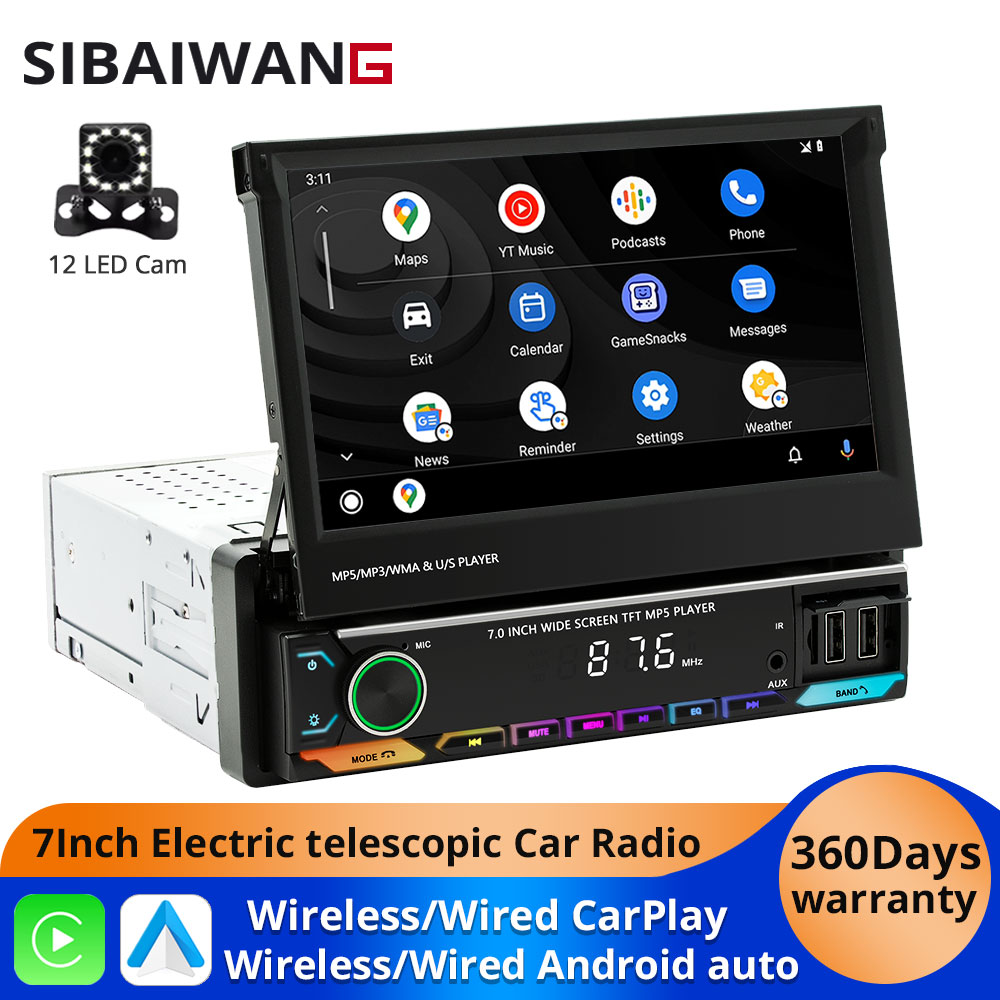 カーラジオ自動格納式スクリーン 7 インチ 1Din ワイヤレス CarPlay Android 自動車車 MP5 ビデオプレーヤー Bluetooth FM RDS USB AUX