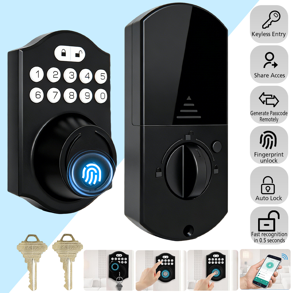 Bluetooth スマートデッドボルトロック 指紋パスコードアプリ付き リモート一時コード オートロック キーレスエントリー フロントドアロック 住宅 Airbnb用