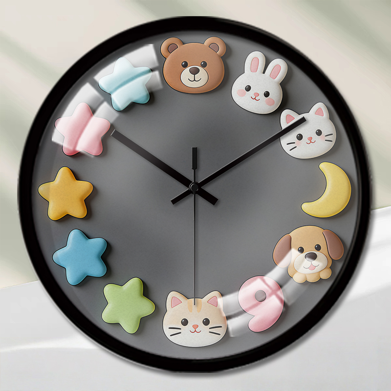 かわいい動物スター漫画ラウンドサイレント壁掛け時計、リビングルーム、学校、勉強部屋、寝室、子供のギフトに最適