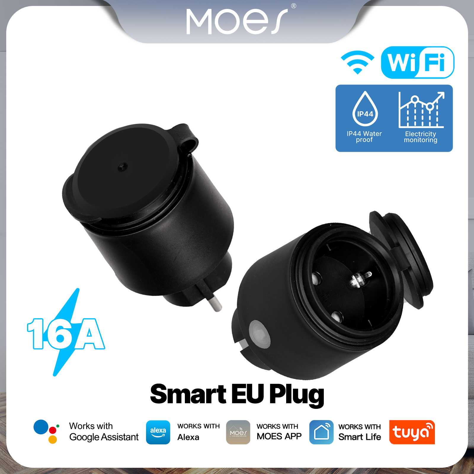 MOES Tuya WiFi スマート EU プラグ 16A ソケットコンセント IP44 防水防塵電源電気モニター Alexa Google ホームで動作します