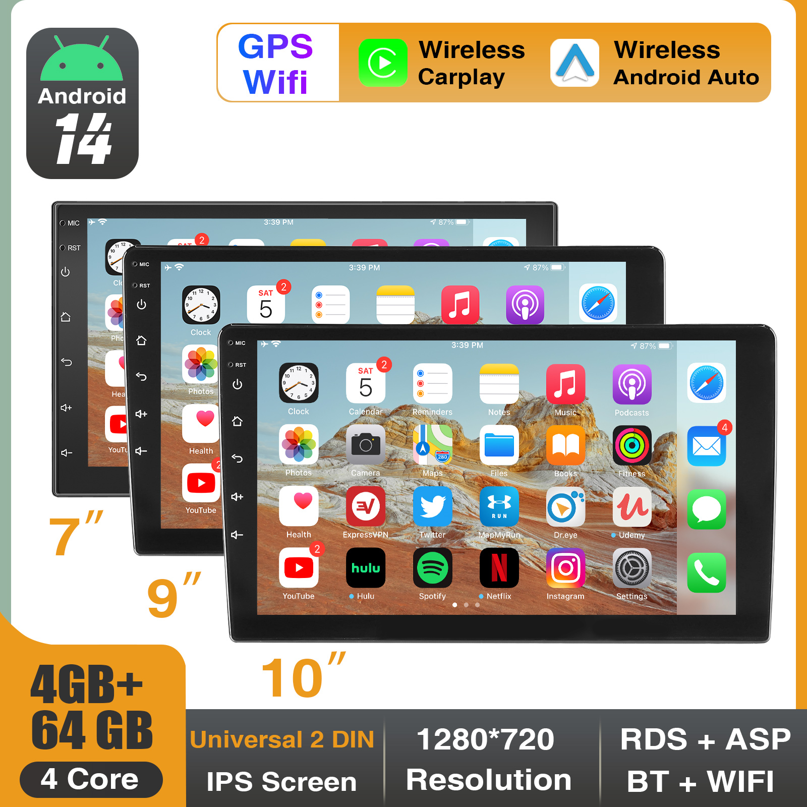 ESSGOO 7 "/9"/10 " 2 DIN Android 14 4 64G カーステレオ Carplay Android Auto GPS SAT Navi Bluetooth FM RDS ラジオ WIFI タッチスクリーン