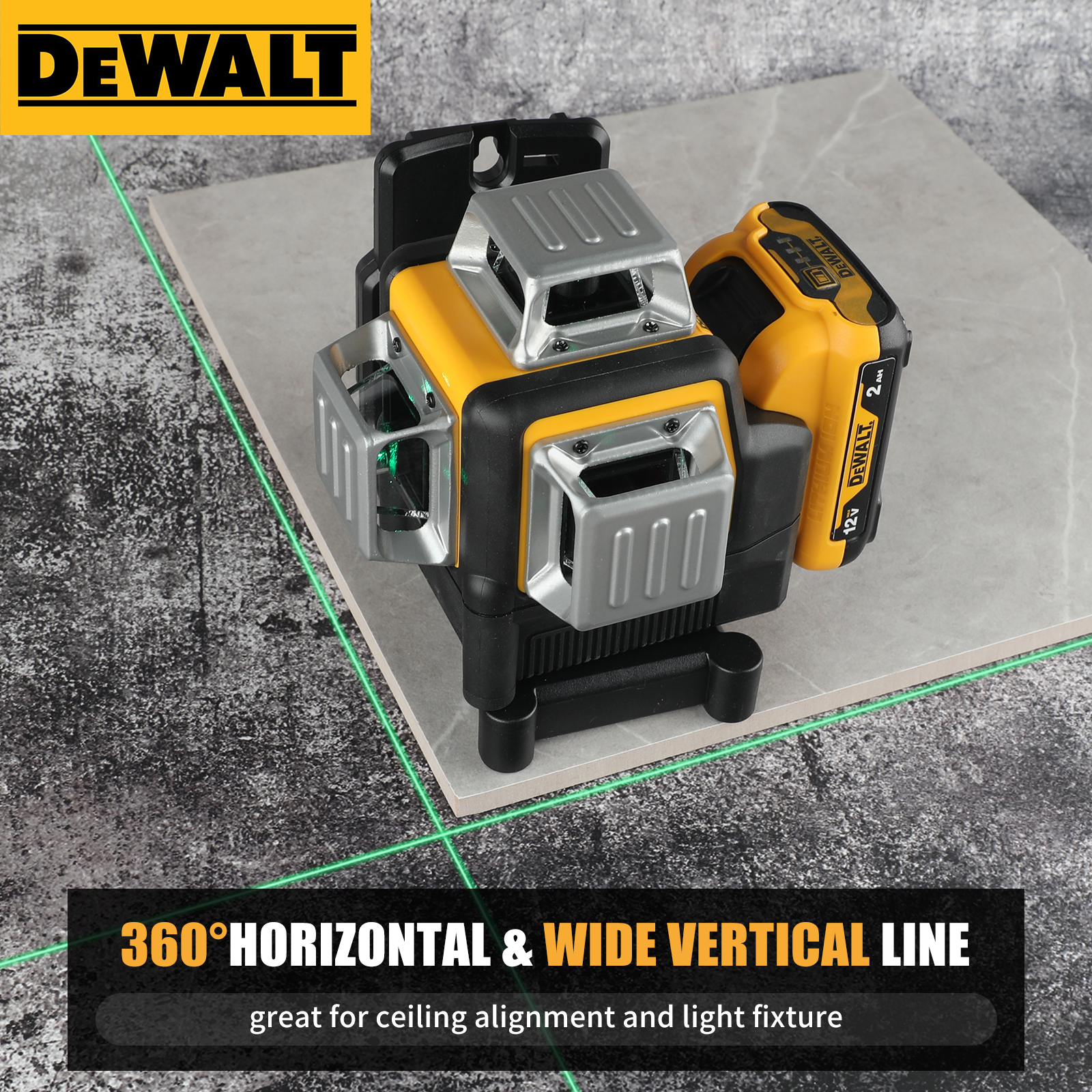 DeWalt DW089LG 12 - ライン 3 - サイド 360° 全周グリーン - 屋外用ライトレーザーレベル - 精密測定に最適