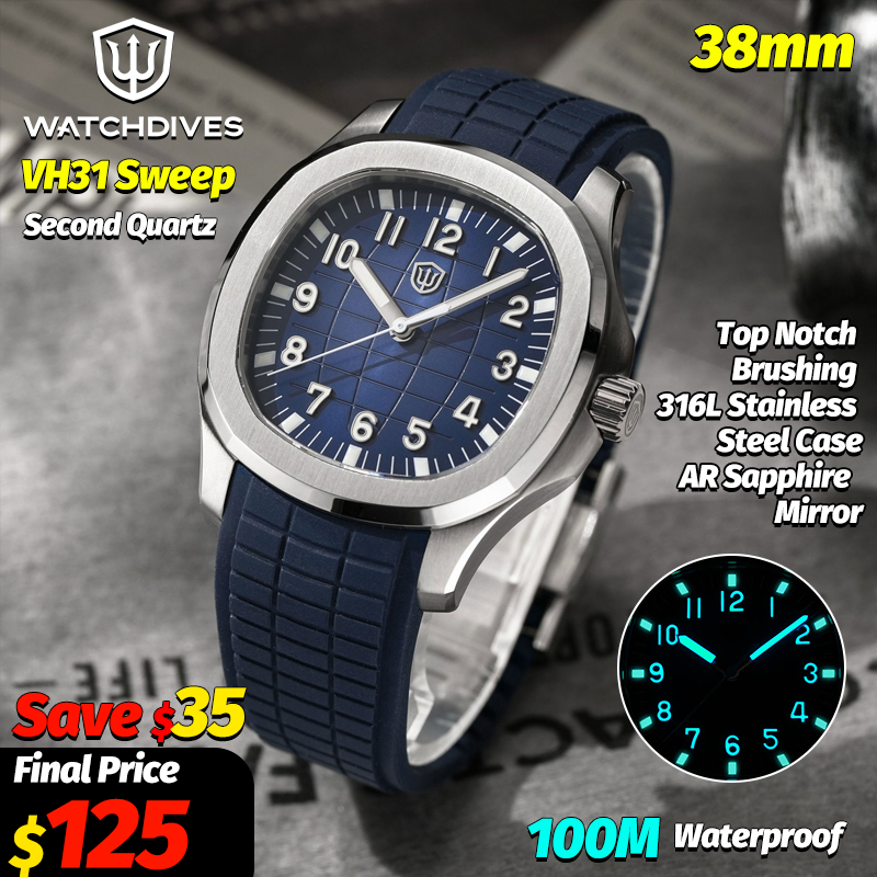 Watchdives WD008 VH31 スイープクォーツ時計 38 ミリメートルメンズスクエアウォッチ AR サファイア発光 BGW9 10Bar 防水 FKM ストラップダイブウォッチ