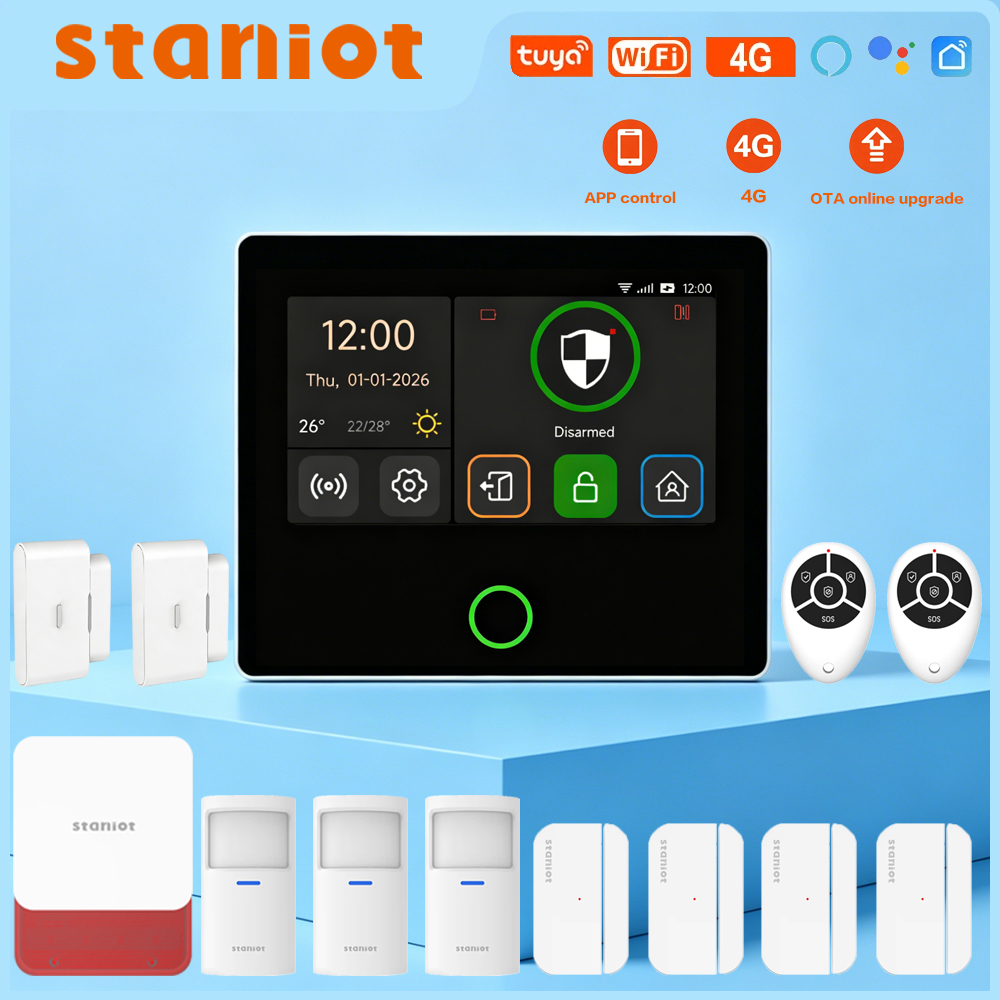 Staniot 4.3"Touch Screen 4G Home Security System Built-in Siren 433Mhz Tuya APP Remote Control WiFi Wireless Alarms For Home
