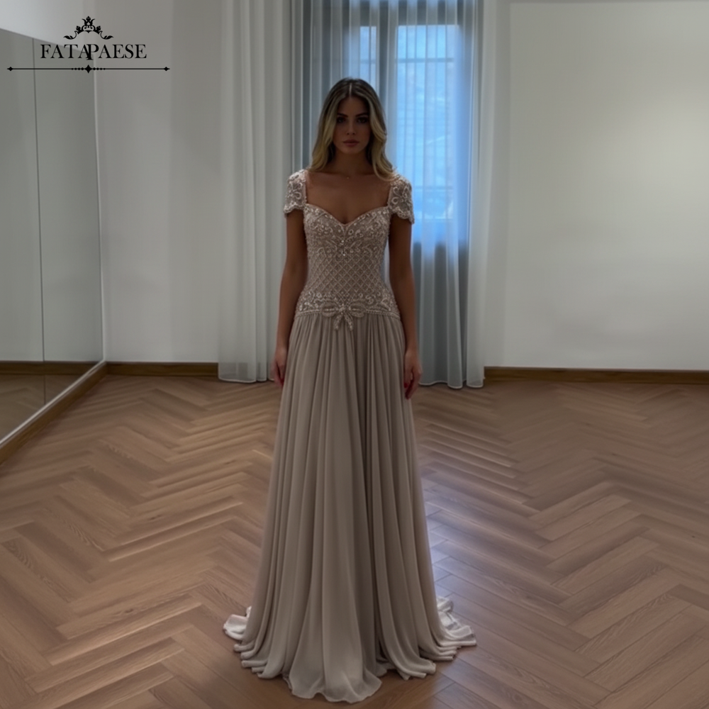 FATAPAESE ビーズシフォンレースコルセットイブニングドレス 2026 エレガントなキャップスリーブビーチイブニングドレス結婚式パーティーゲスト用