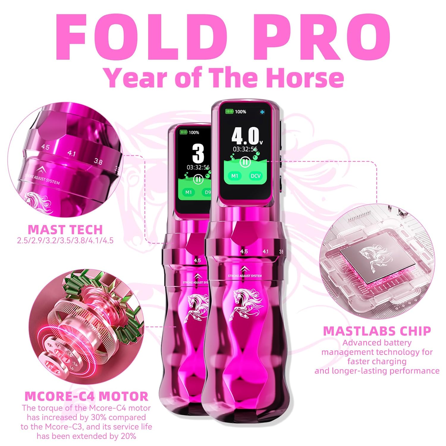 Dragonhawk Fold Pro ワイヤレスタトゥーマシン PMU ペン 調整可能な Hz と電圧 7 ストローク プロボディアートアートメイクアーティスト用