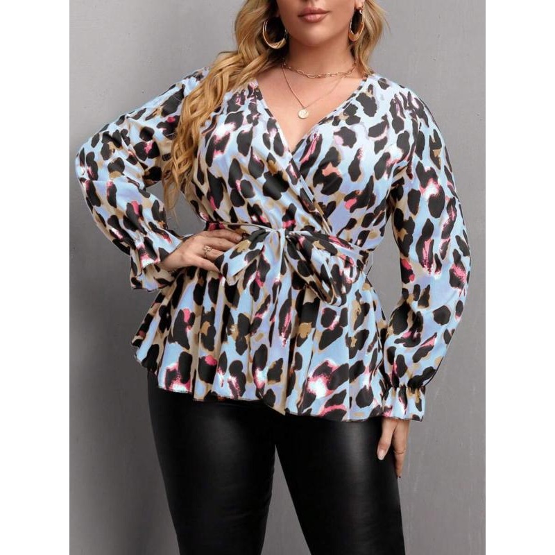 プラスサイズ 1XL-5XL 新しい女性ファッション V ネック長袖ブラウスシャツレディースルーズカジュアルヒョウ柄トップス