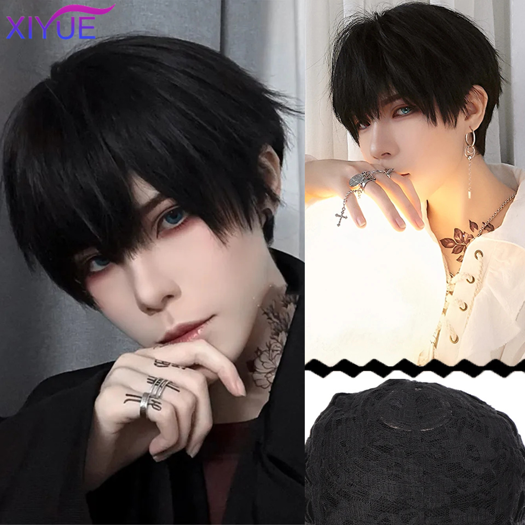 ショート合成男性の通気性のかつらブラウン男性少年ショートストレートコスプレ男性パーティー黒耐熱人工毛かつら