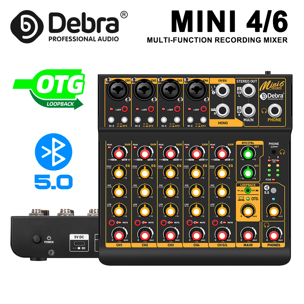 Debra Mini 4 6 チャンネルオーディオミキサー DJ コンソール Bluetooth 5.0 OTG リバーブ 48V サウンドカード付き PC 録音、ウェブキャスティング Mini 6