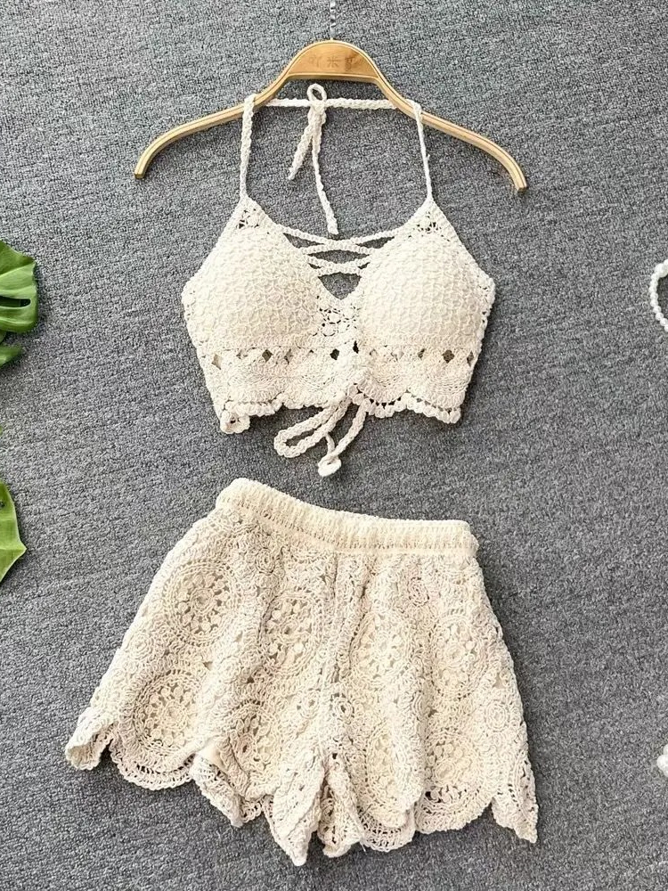 Knit Two Piece Sets For Women Bikini Summer Sexy Swimsuit Vacation Backless Camisole Elastic Waist Shorts Hollow Out Y2K Beach