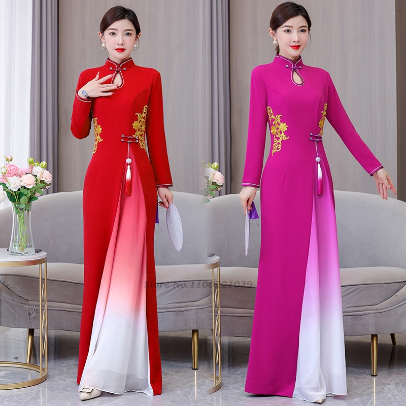 2026 ベトナムの伝統的なドレスアオザイ中国改良袍国花刺繍チャイナドレスステージパフォーマンス a ラインドレス