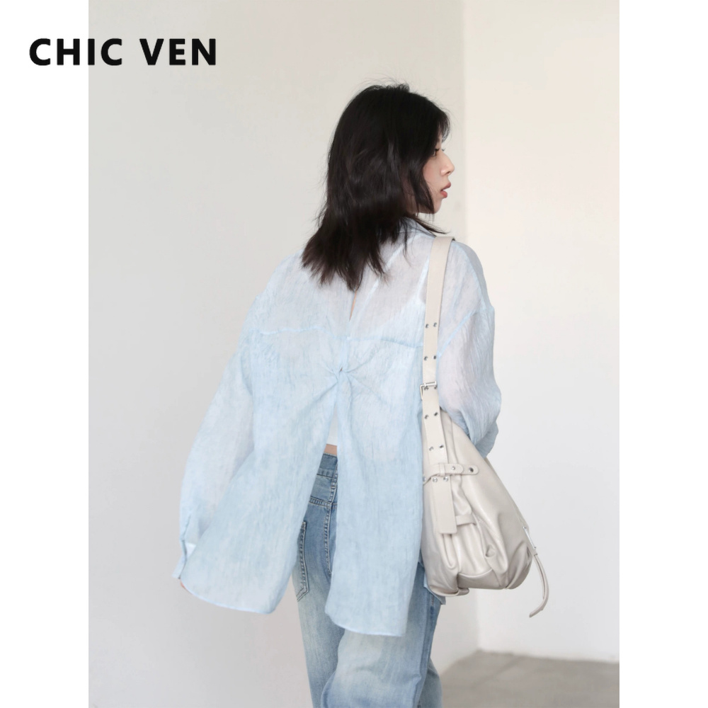 シック VEN 新しい女性サマーシャツソリッドルーズカジュアルシングルブレストバックスリット長袖ブラウスオーバーサイズ Tシャツ 2026
