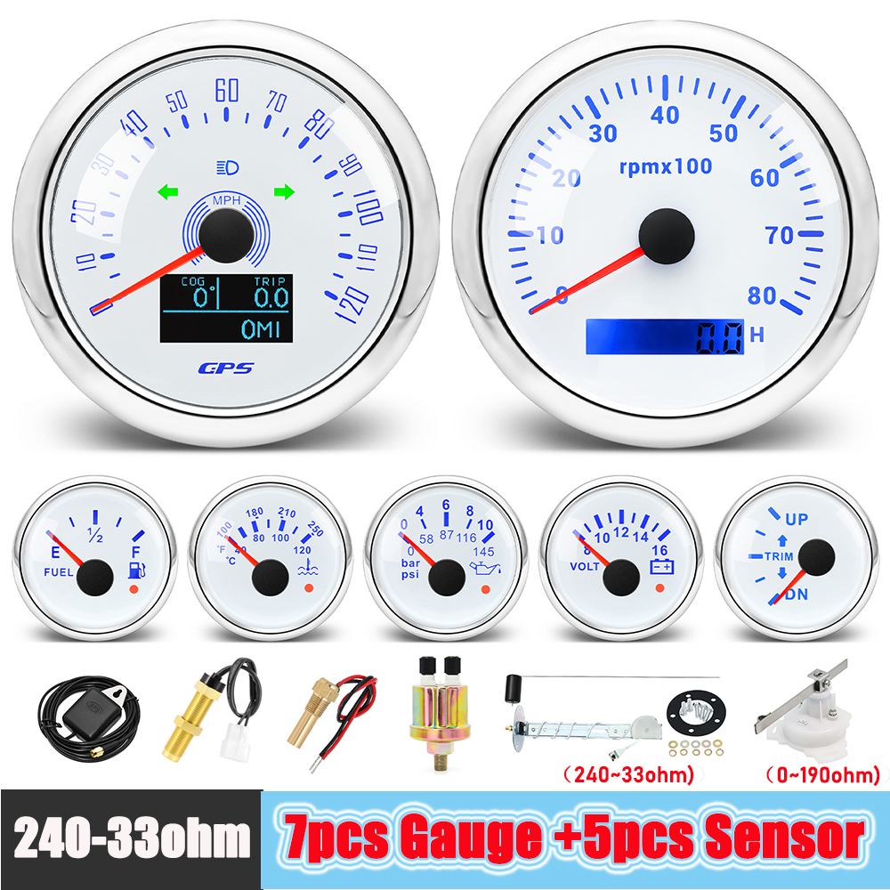 7 ゲージ セット 85mm ホワイト GPS スピードメーター 12V/24V タコ