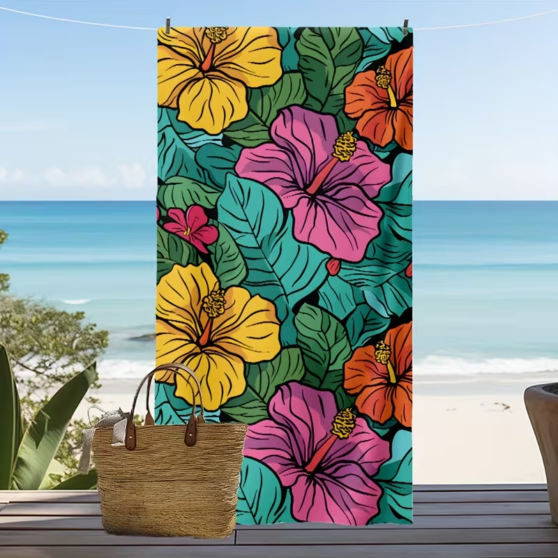 Vibrant Tropical Hibiscus Floral Beach Towel Hawaiian Hibiscus Print Towel Colorful Jungle Leaf Pattern Summer Beach Blanket