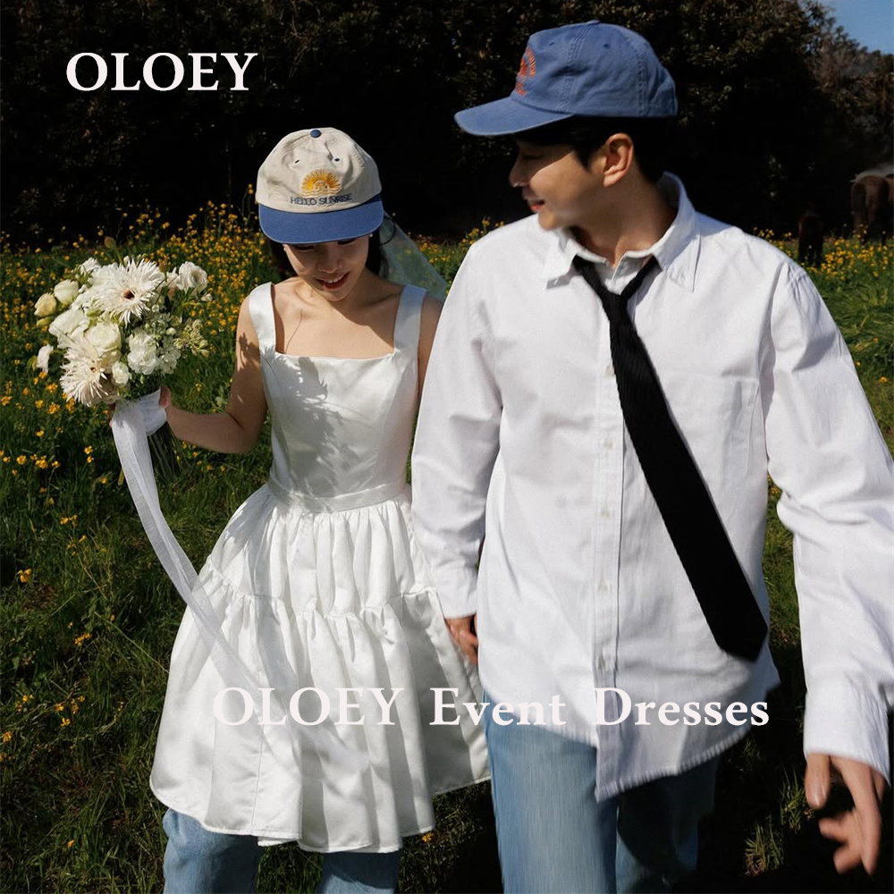 OLOEY シンプルなふわふわショートウェディングドレス韓国写真撮影ノースリーブミニブライダルドレスコルセットバックアイボリーホワイトカスタマイズ