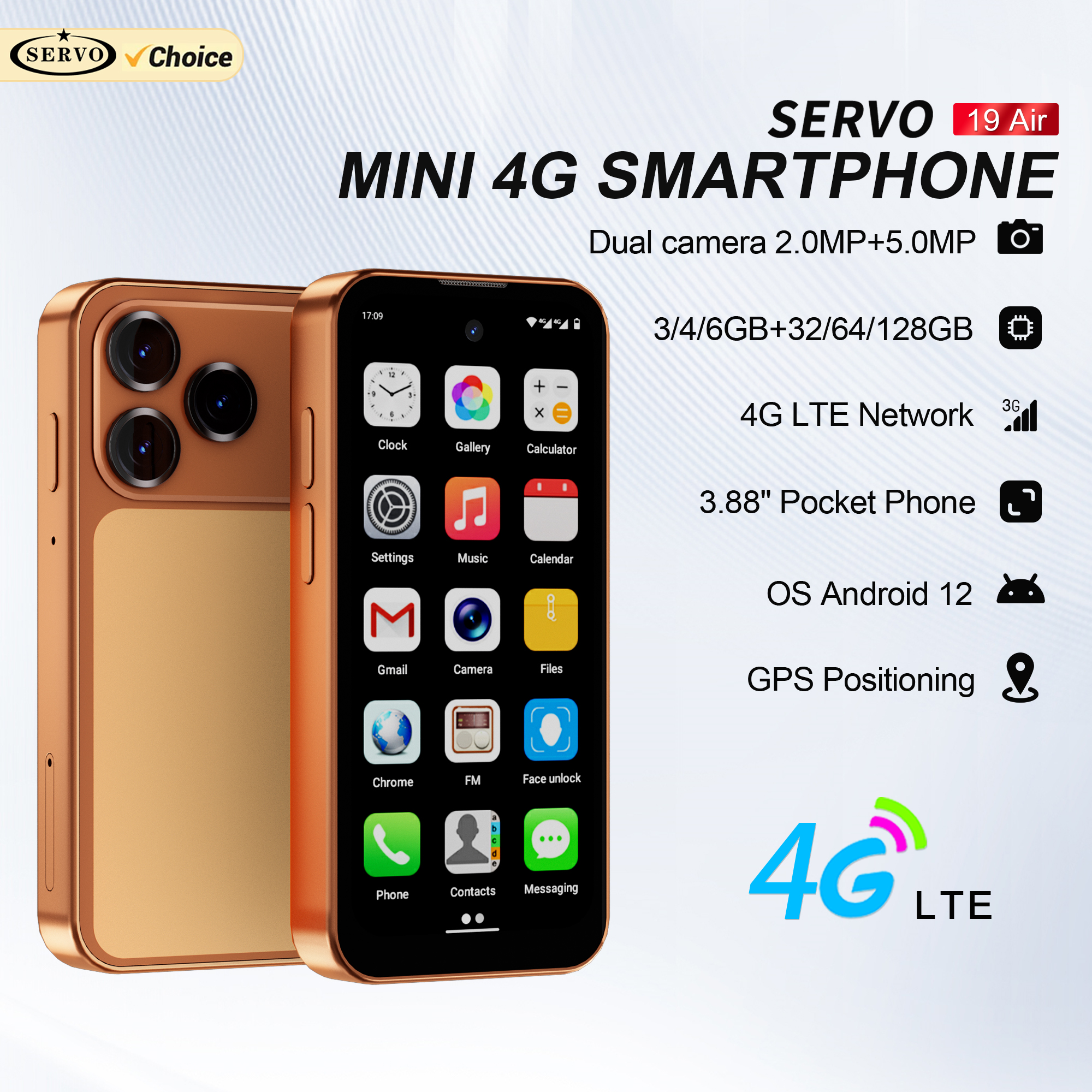 SERVO 19 Air 4G LTE ミニスマートフォン Android 12.0 システム 6GB 128GB Play ストアフェイスアンロック GPS デュアル SIM 3.88" 小型スマートフォン