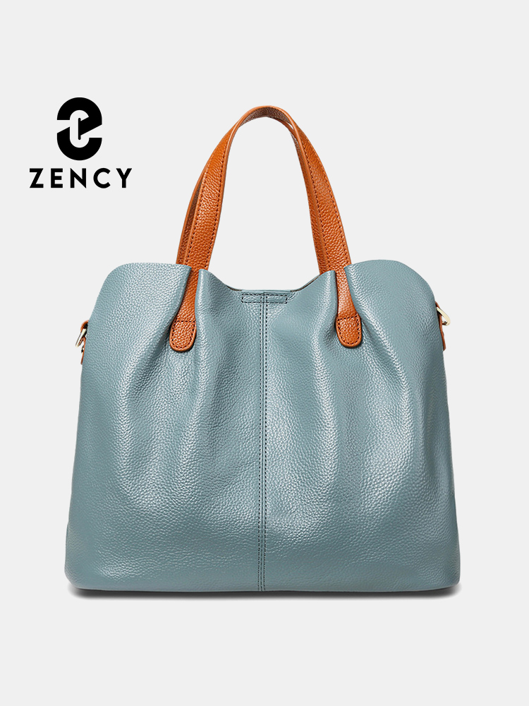 Zency ブルー本革女性トートバッグシャーリングコントラストカラートップレイヤー牛革ショルダークロスボディハンドバッグ多目的ショッピング