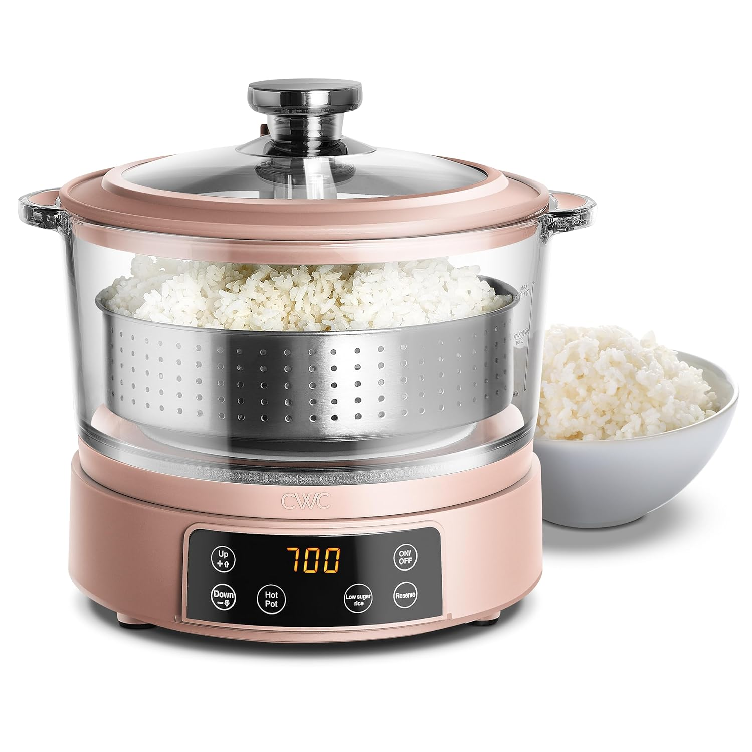 COOK WITH COLOR 3L ガラス低炭水化物炊飯器 - 自動リフトフィルターバスケット鍋蒸し器付きで低糖米を6カップ炊きます