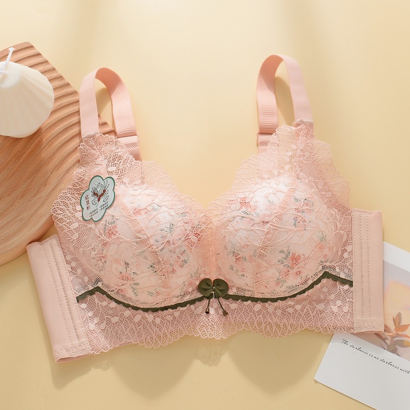 女性のプッシュアップレースブラジャー W 字型アンダーワイヤー垂れ下がりサポート付き花柄刺繍ブラレット薄いカップ日常ランジェリー