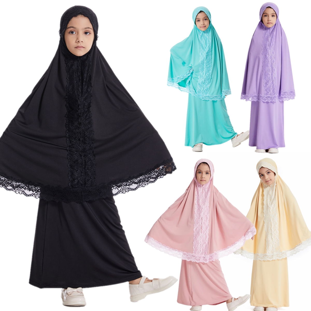EID フード付きイスラム教徒子供ヒジャブドレス祈り衣服キッズガールズ Khimar スカートアバヤセットフルカバー Vestidos ラマダン服