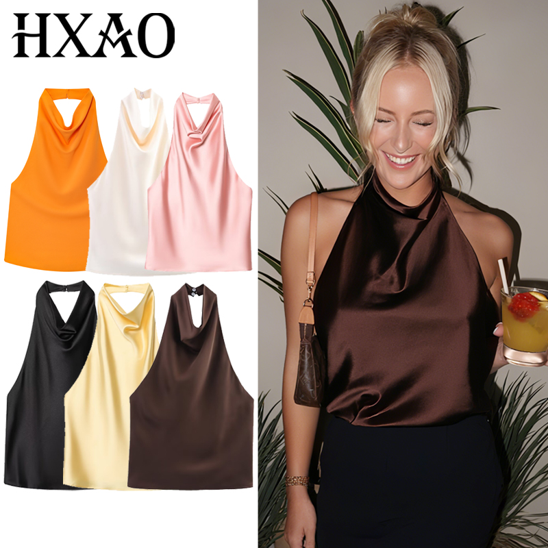 HXAO トップ女性ホルターサテン女性トップス背中の開いたコルセットトップベストイエローピンク黒夏エレガントなセクシーなトップスタンク Vestidos
