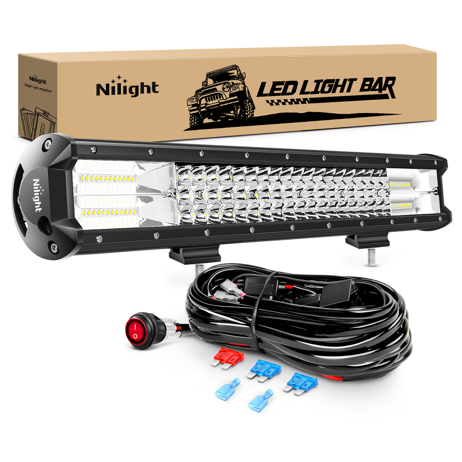 Nilight LED ライトバー 20 インチ 288W フラッドスポットコンボ 28800LM オフロードドライビング照明 配線ハーネス付き トラック トラクター トレーラー ピックアップ ゴルフカート SUV ATV UTV 4x4 バン キャンピングカー