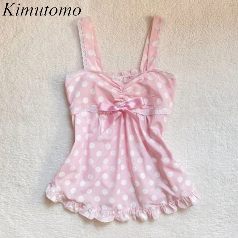 Kimutomo キャミソール女性ヴィンテージ水玉レースパッチワーク甘い夏のファッションガール Y2k 原宿作物タンクトップ女性カジュアル