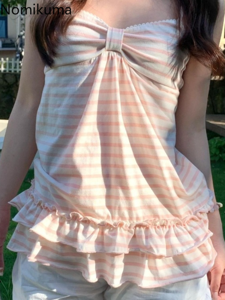 和菓子ベスト女性服ヴィンテージストライプノースリーブ Tシャツファッション夏キャミソールフリルスリムフィットヴィンテージタンク Ropa Mujer