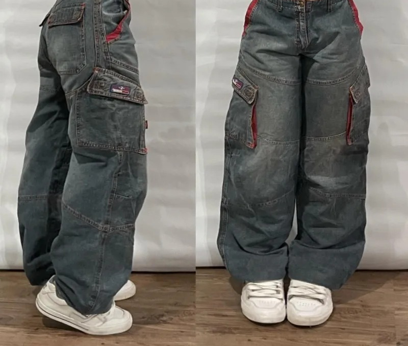 ストリートヴィンテージジーンズ新 Y2K 原宿ウォッシュブルー複数ポケットだぶだぶのジーンズデニムパンツメンズレディースハイウエストワイドズボン